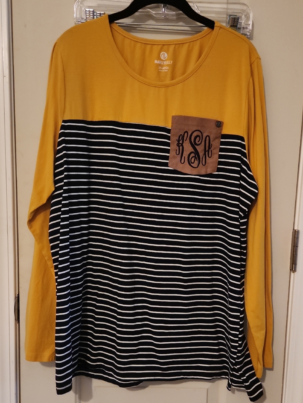 Mustard, Black & White Striped Long Sleeve Top with Pocket Monogram